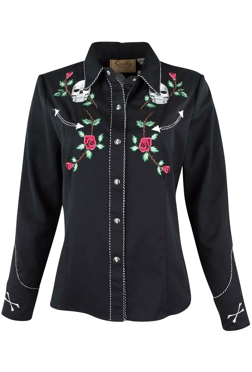 Scully Black with White and Red Embroidery Skull and Roses Snap Shirt
