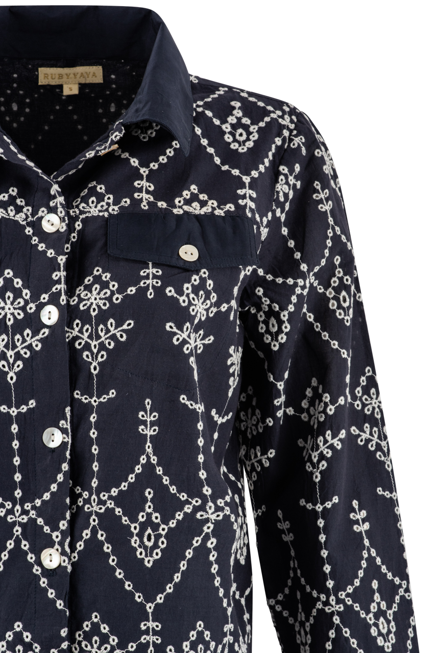 RubyYaya Navy Embroidered Shirt