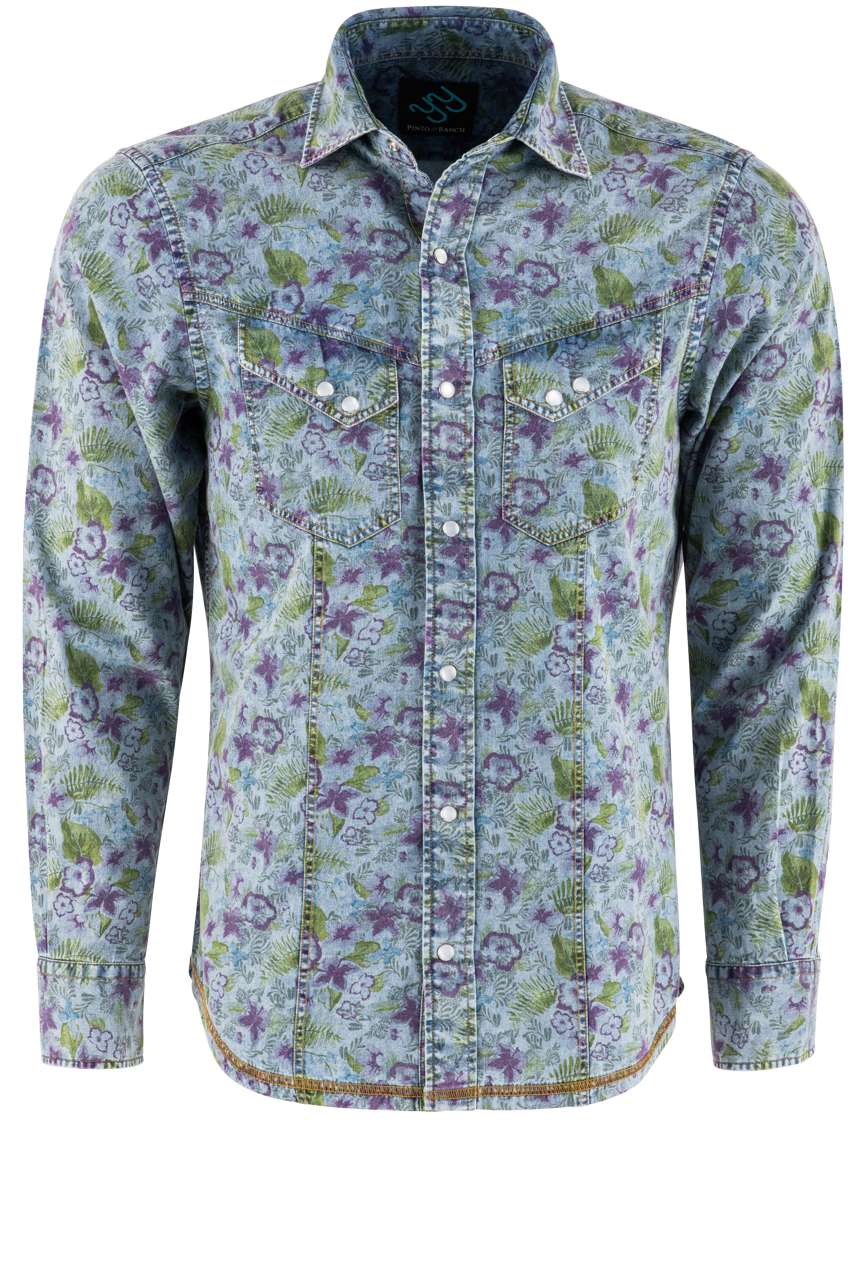 Pinto Ranch YY Collection Printed Long Sleeve Pearl Snap Shirt - Denim