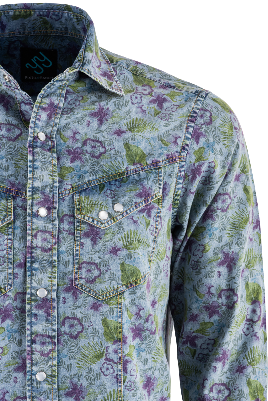 Pinto Ranch YY Collection Printed Long Sleeve Pearl Snap Shirt - Denim
