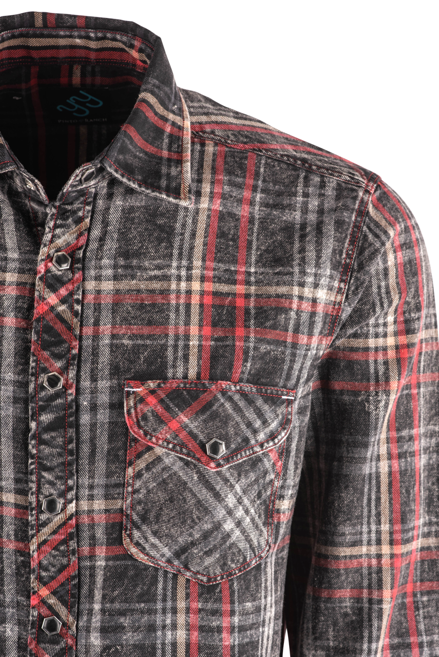 Pinto Ranch YY Collection Washed Plaid Long Sleeve Pearl Snap Shirt - Black, Red, White