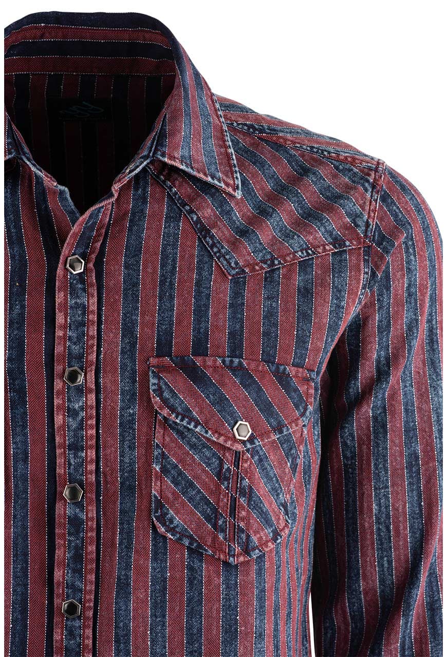 Pinto Ranch YY Collection Red and Indigo Washed Striped Snap Shirt