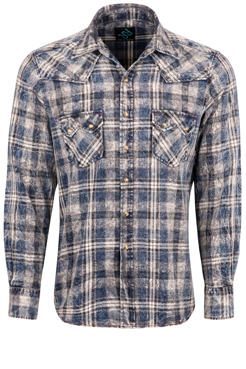 Pinto Ranch YY Collection Washed Plaid Pearl Snap Shirt - Indigo