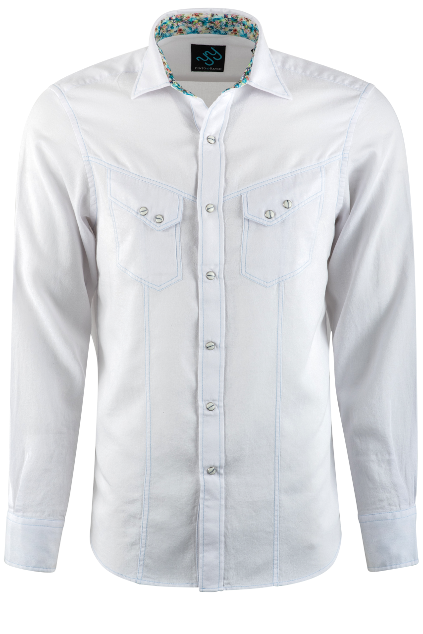 Pinto Ranch YY Collection Washed Long Sleeve Pearl Snap Shirt - White