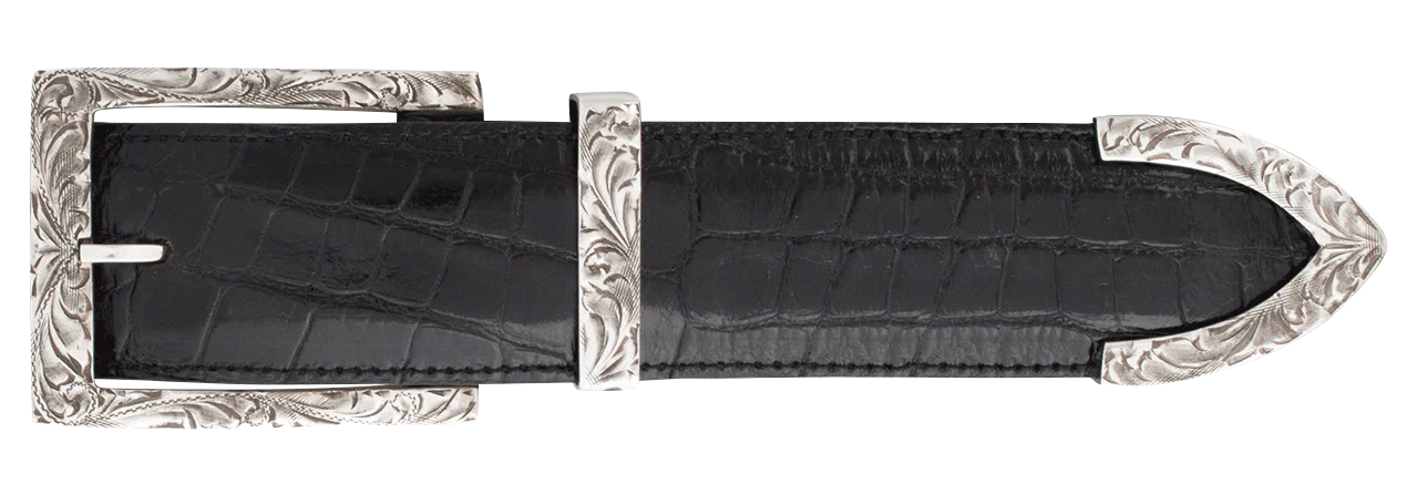 mens silver dress belt buckles Chacon Trinidad Engraved 1.5" Western Buckle Set