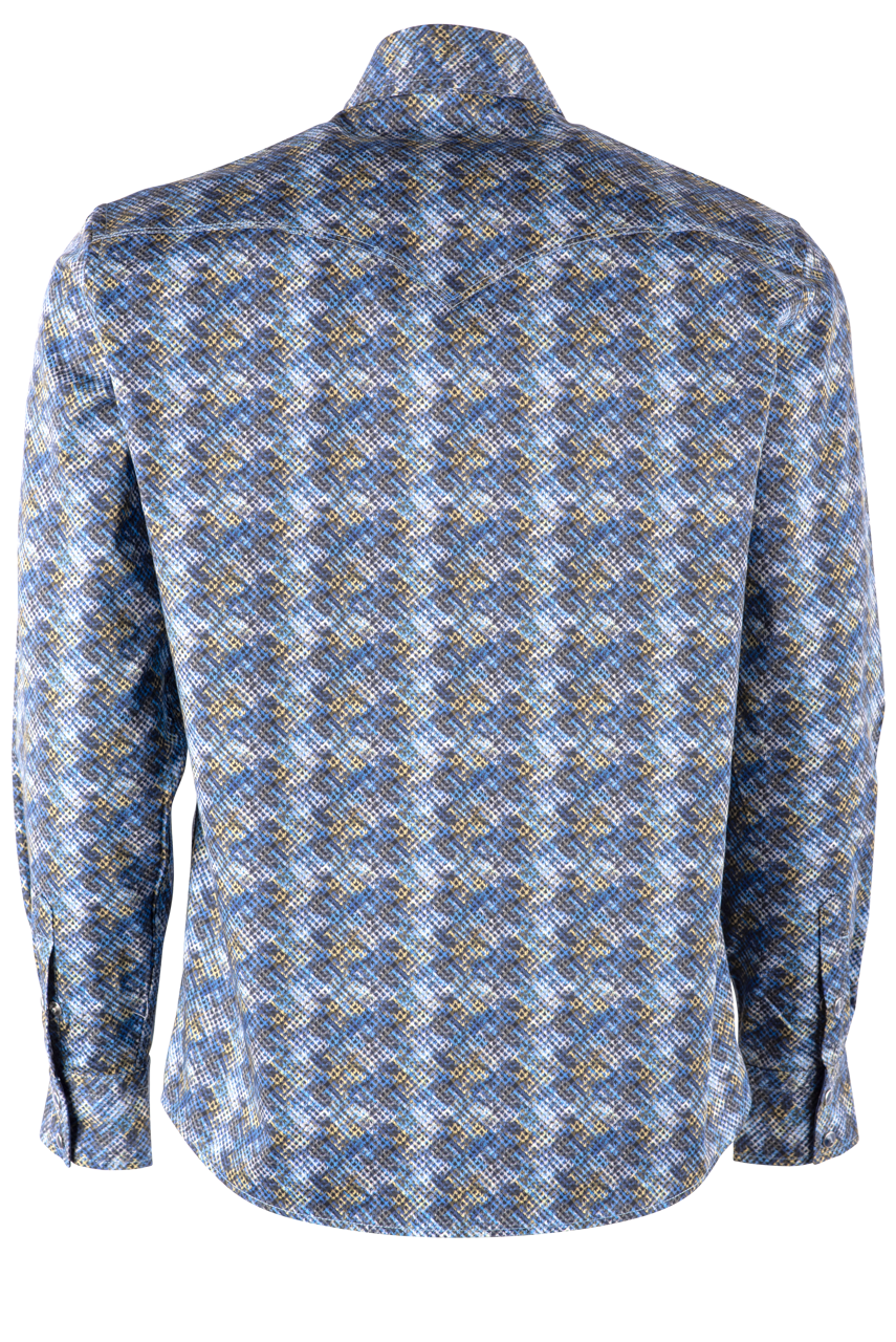 Pinto Ranch YY Collection Faded Diamond Long Sleeve Pearl Snap Shirt - Blue & Gold