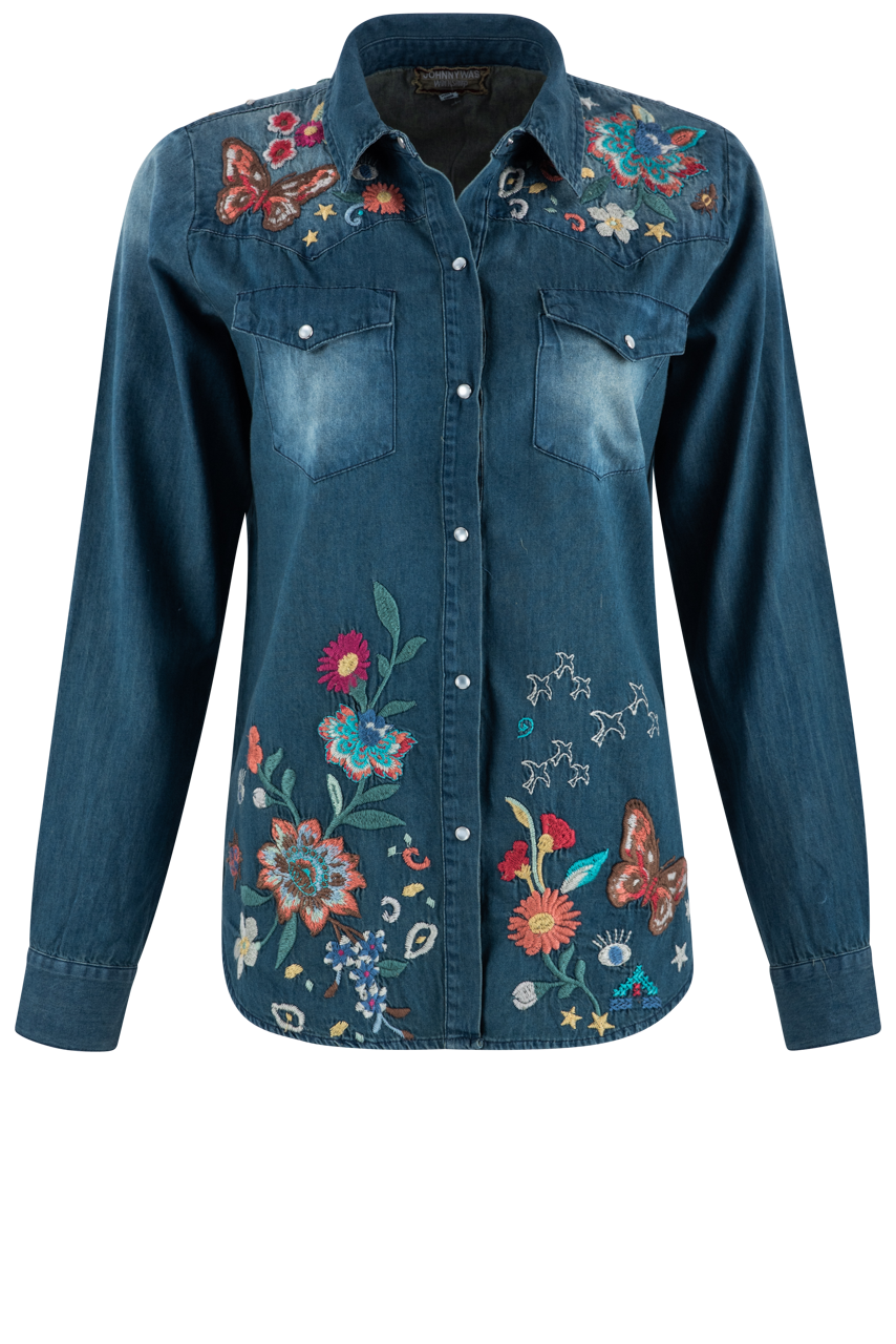 Johnny Was Denim Frayed Western Shirt
