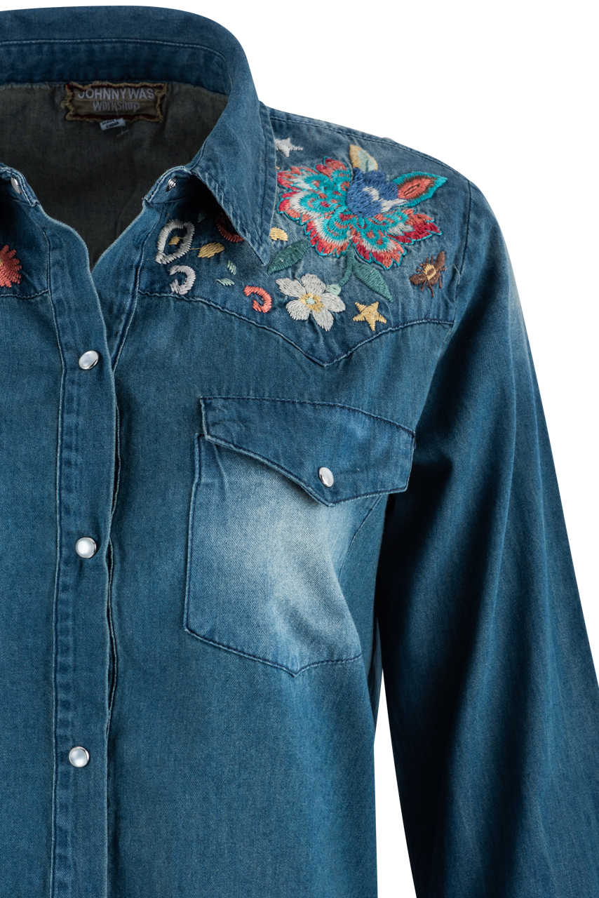 Johnny Was Denim Frayed Western Shirt