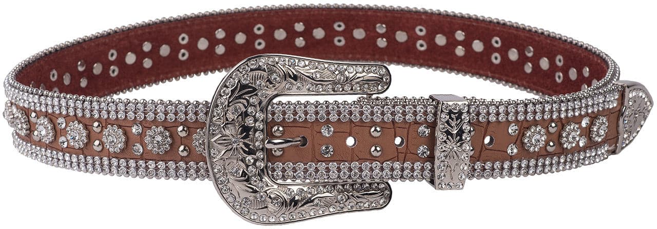 M & F Western Brown Crocodile Crystal Flower Belt