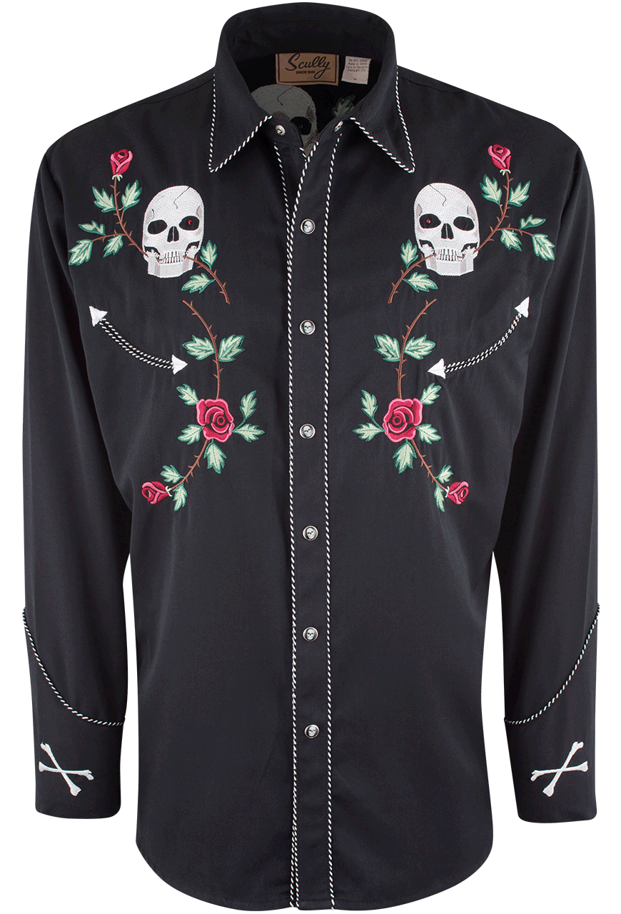 Scully Skull & Roses Snap Front Shirt - Black