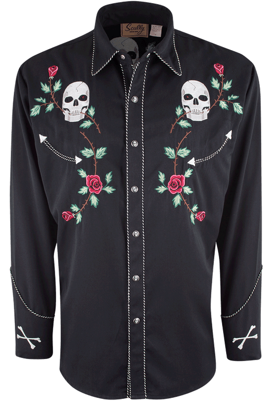 Scully Skull & Roses Snap Front Shirt - Black