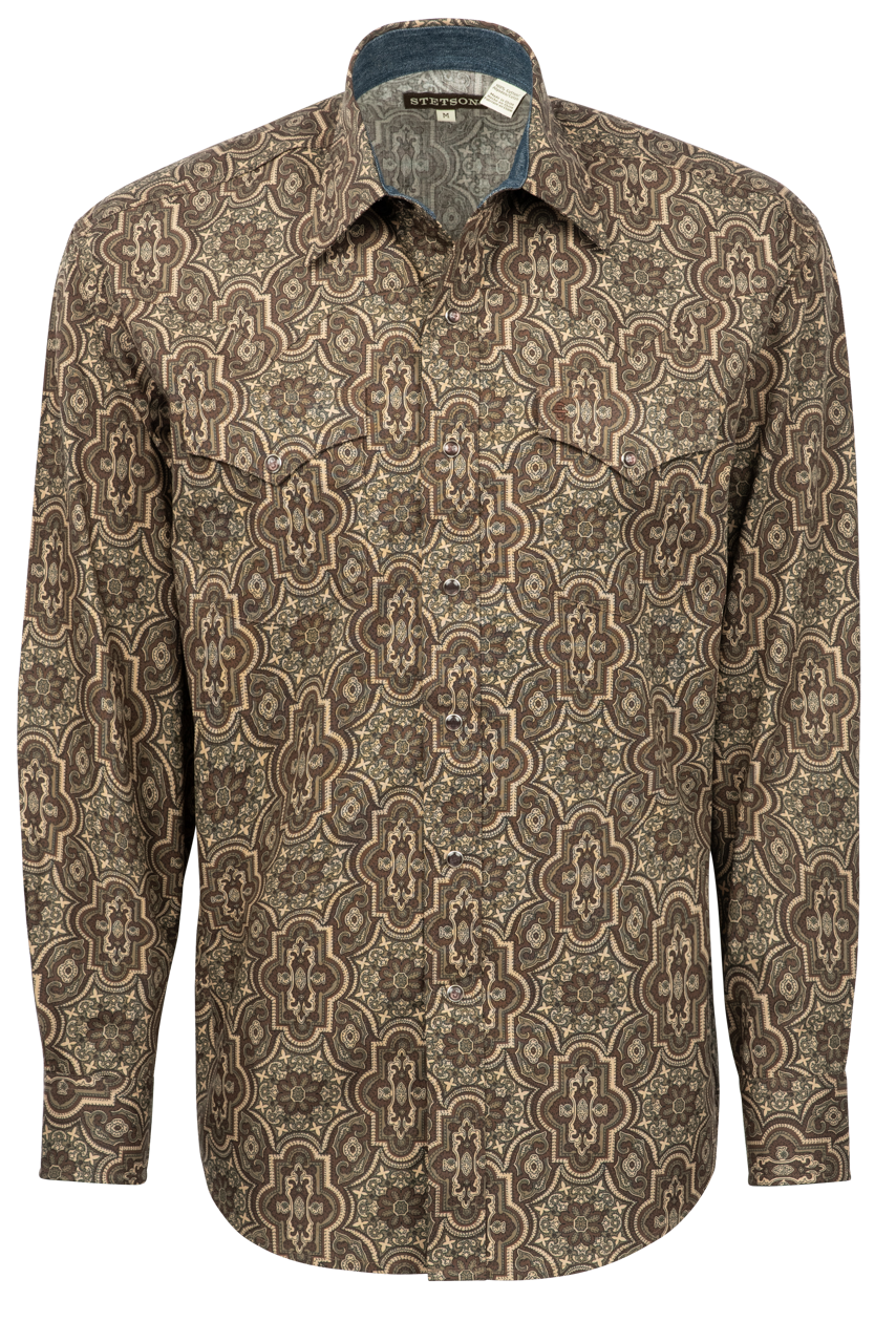 Stetson Men's Paisley Print Snap Front Shirt - Brown