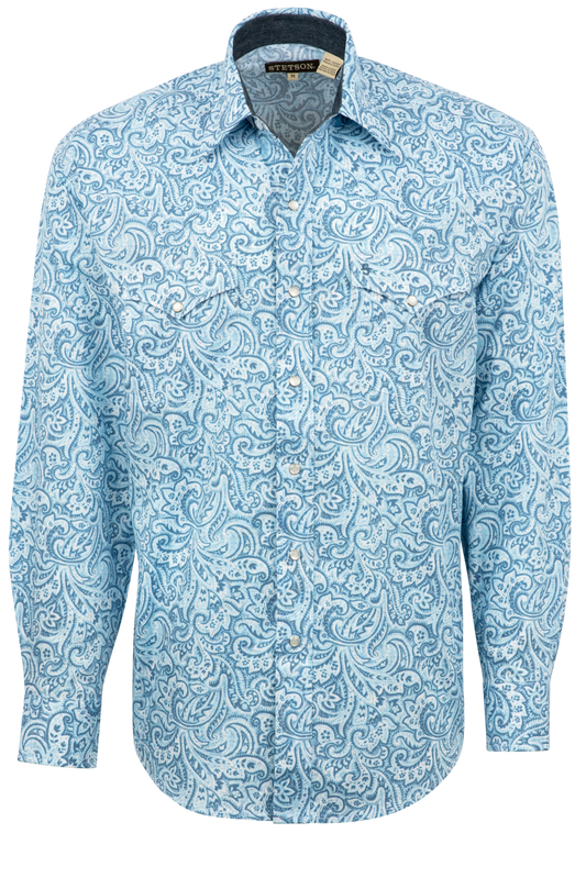 Stetson Men's Tooling Paisley Pearl Snap Shirt - Blue