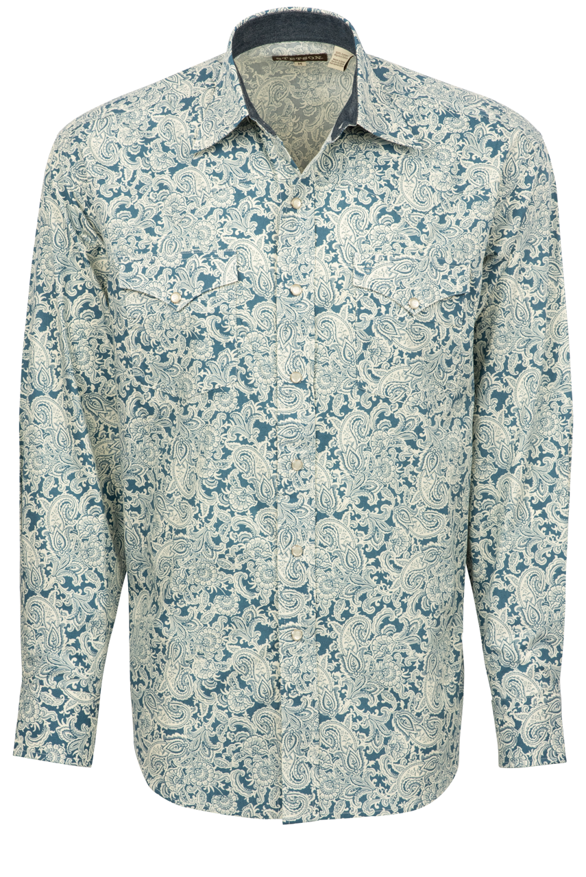 Stetson Men's Tonal Paisley Snap Front Shirt - Blue