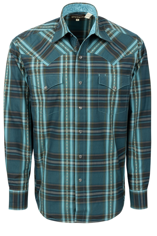 Stetson Men's Classic Plaid Snap Front Shirt - Blue/Green