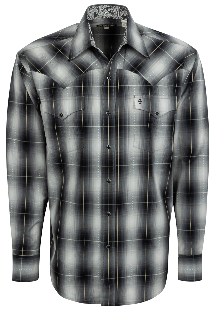 Stetson Men's Ombre Plaid Snap Front Shirt - Coal