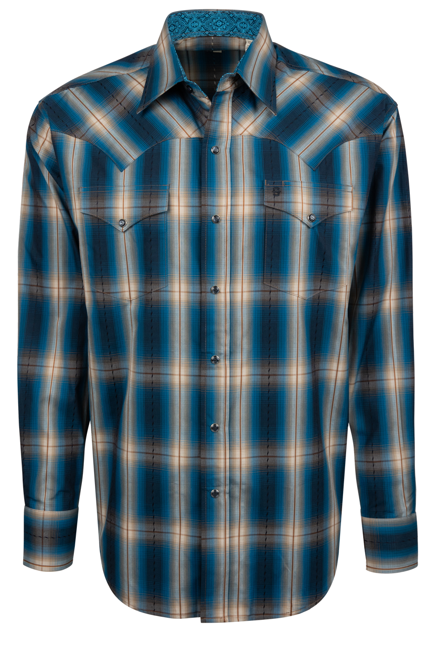 Stetson Men's Plaid Snap Front Shirt - Deep Marine