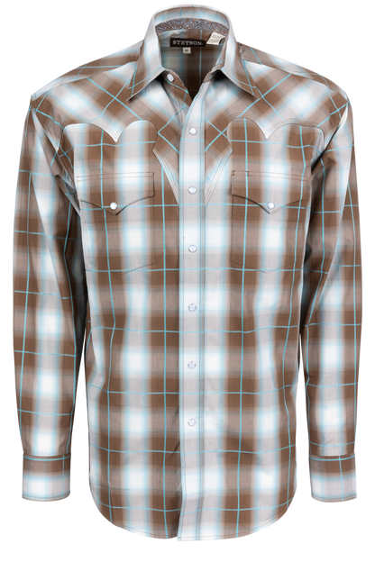 Stetson Men's Plaid Snap Front Shirt - Brown Ombre
