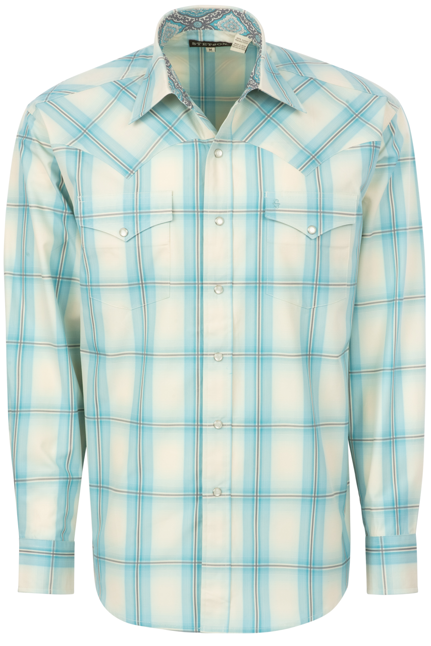 Stetson Men's Plaid Snap Front Shirt - Aqua Ombre