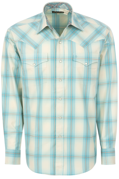 Stetson Men's Plaid Snap Front Shirt - Aqua Ombre