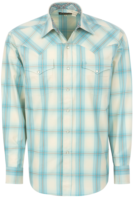 Stetson Men's Plaid Snap Front Shirt - Aqua Ombre