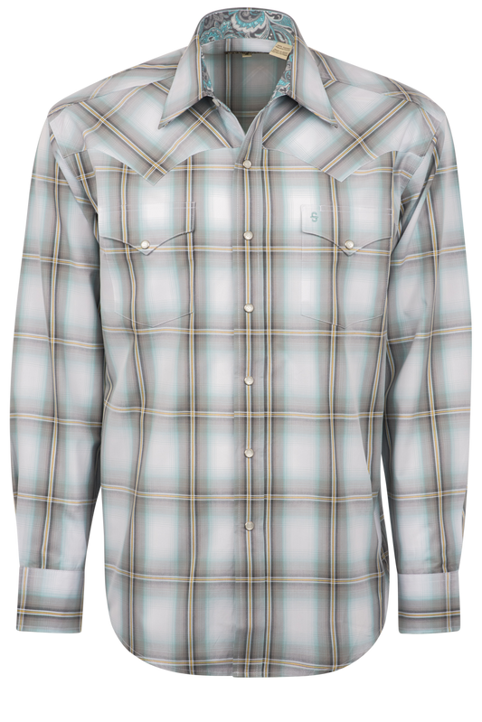 Stetson Men's Ombre Plaid Pearl Snap Shirt - Gray