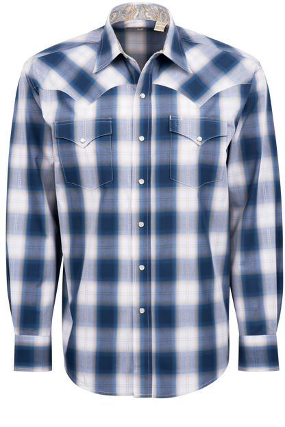 Stetson Men's Ombre Plaid Pearl Snap Shirt - Navy