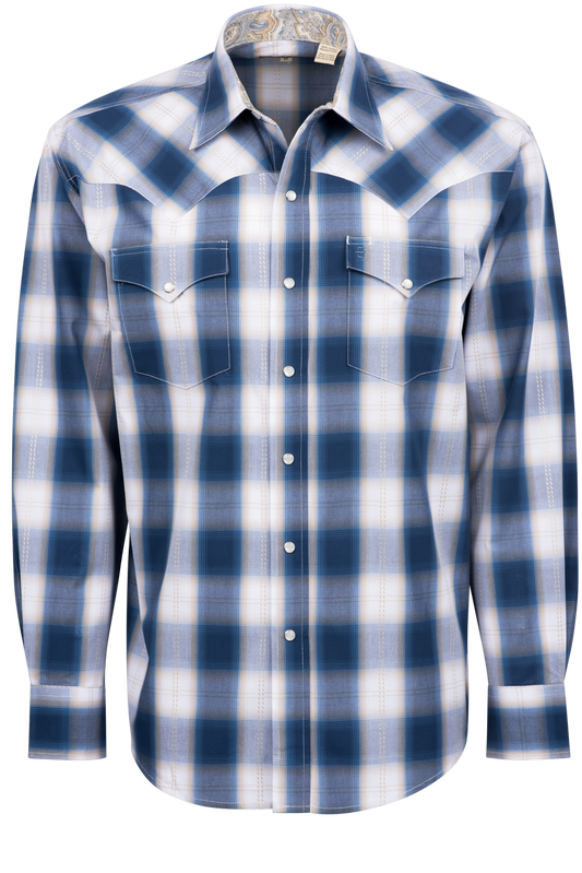 Stetson Men's Ombre Plaid Pearl Snap Shirt - Navy