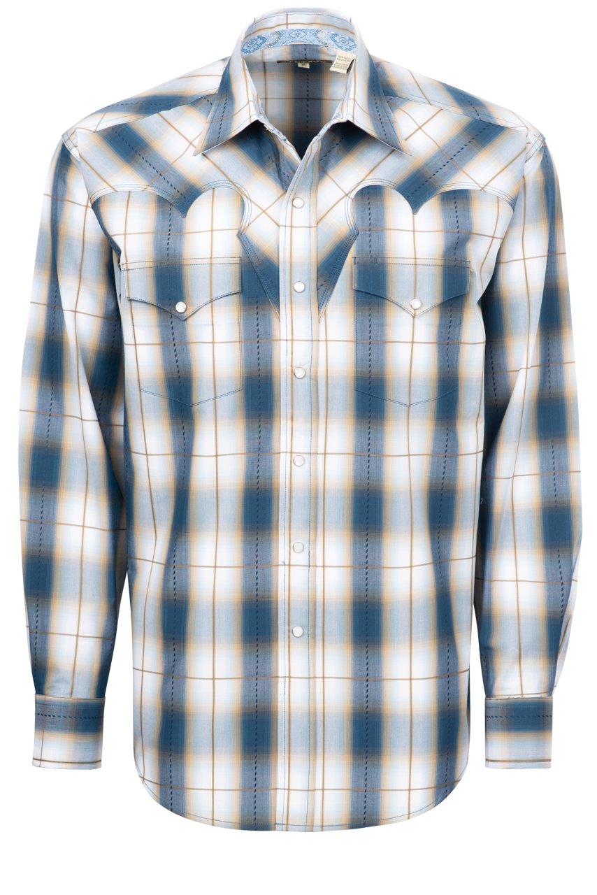 Stetson Men's Plaid Snap Front Shirt - Denim Blue