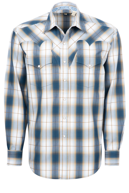 Stetson Men's Plaid Snap Front Shirt - Denim Blue