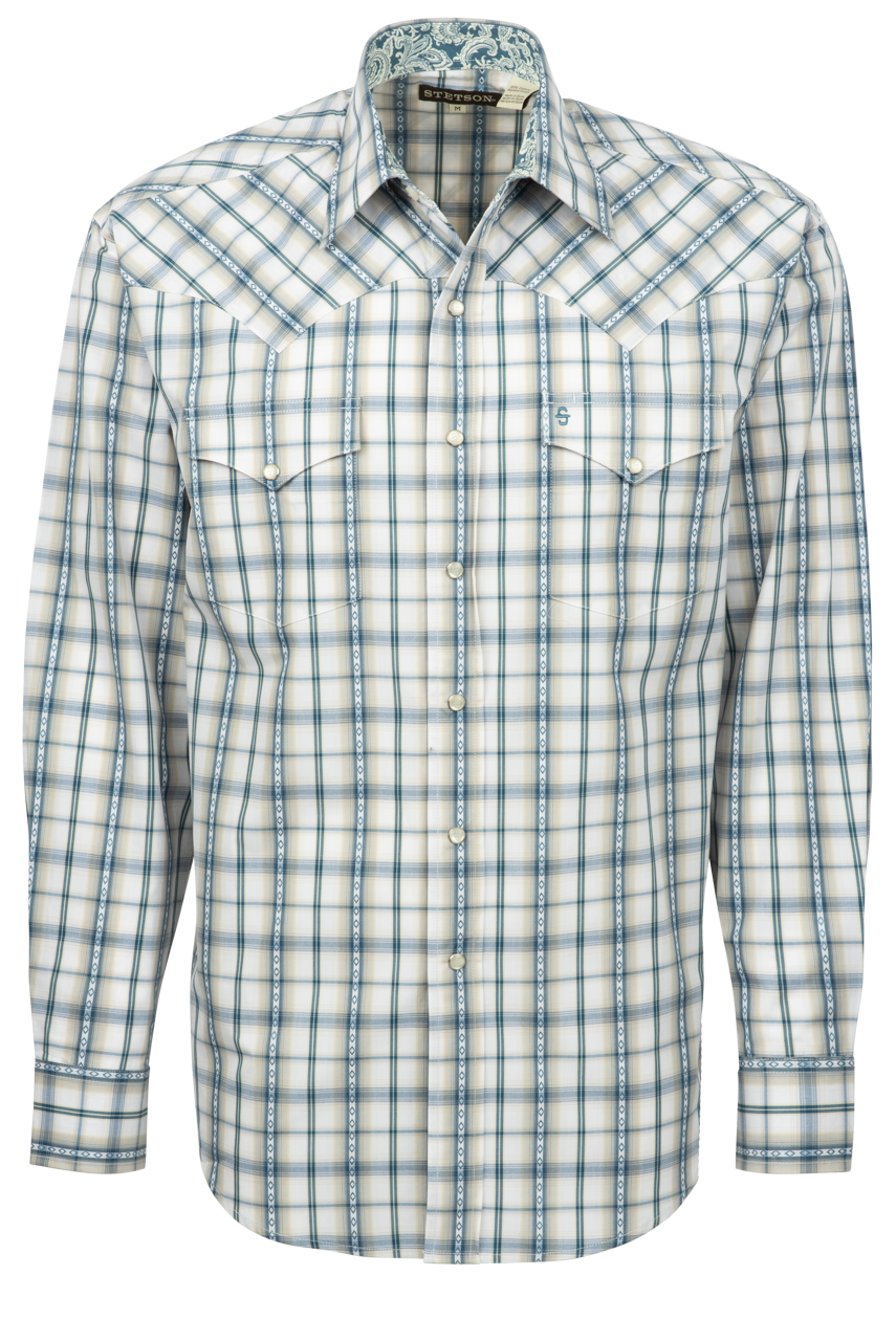 Stetson Men's Dobby Plaid Snap Front Shirt - Blue