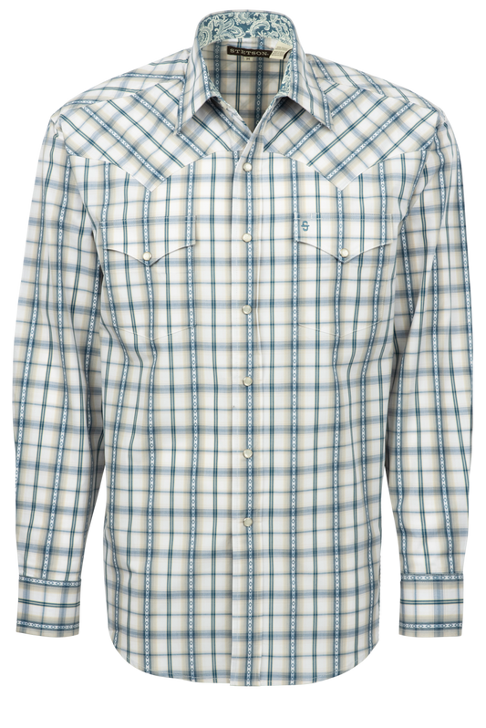 Stetson Men's Dobby Plaid Snap Front Shirt - Blue