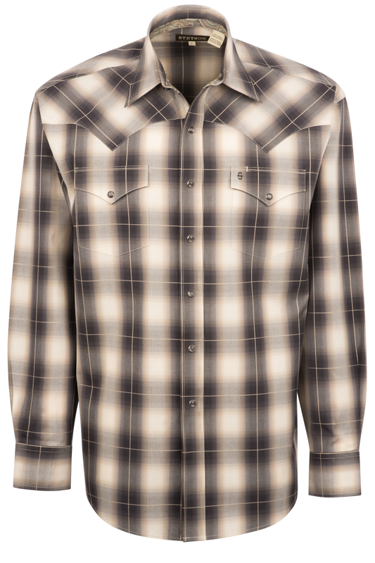 Stetson Men's Ombre Plaid Pearl Snap Shirt - Brown