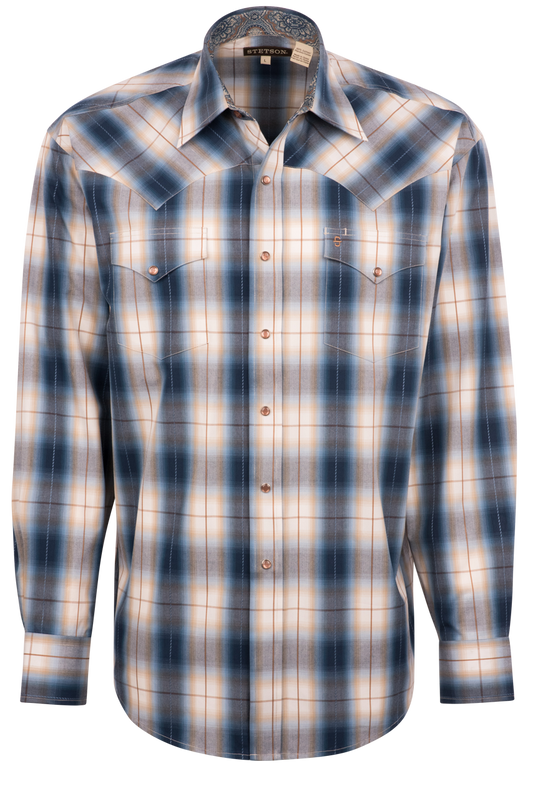 Stetson Men's Ombre Plaid Pearl Snap Shirt - Blue River