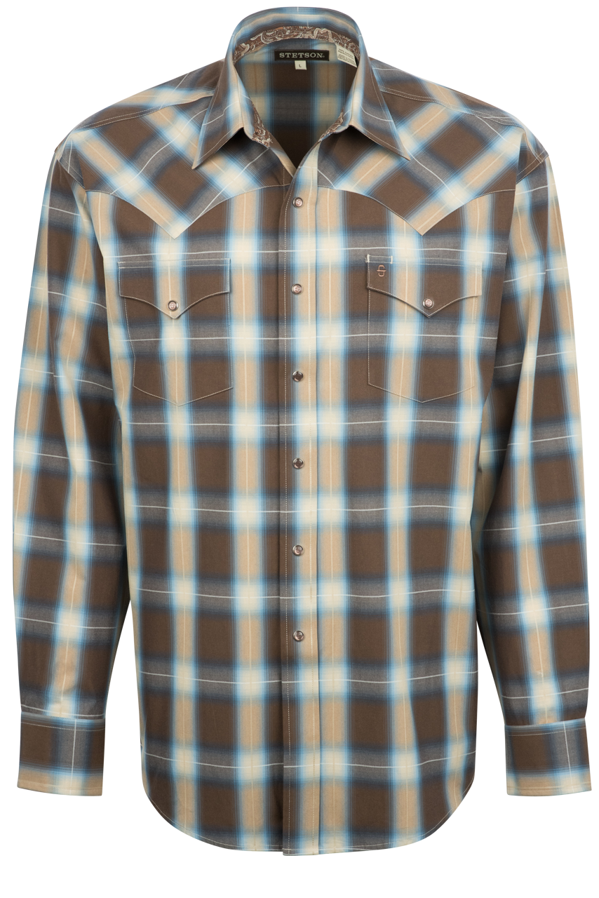 Stetson Men's Sierra Plaid Pearl Snap Shirt - Brown