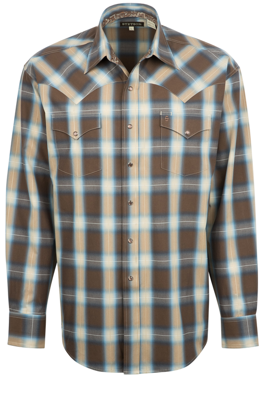 Stetson Men's Sierra Plaid Pearl Snap Shirt - Brown