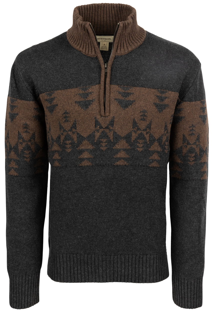 Stetson Men's Aztec Quarter Zip Sweater - Brown and Gray