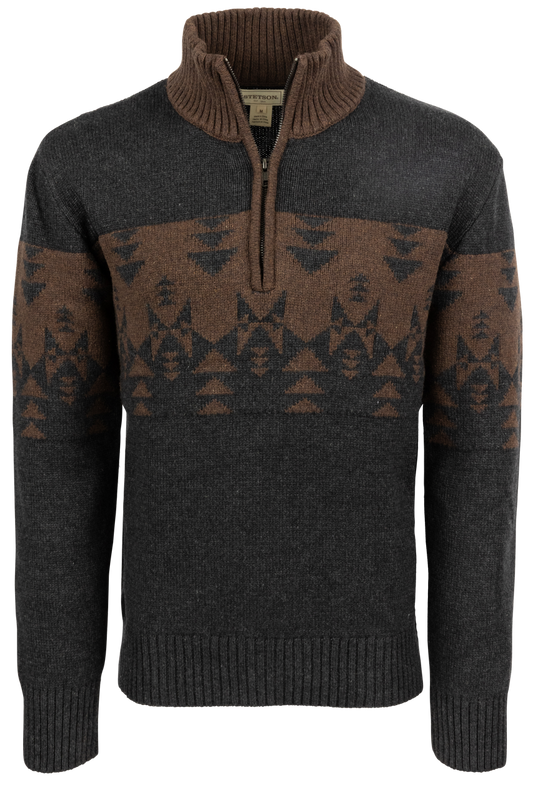 Stetson Men's Aztec Quarter Zip Sweater - Brown and Gray