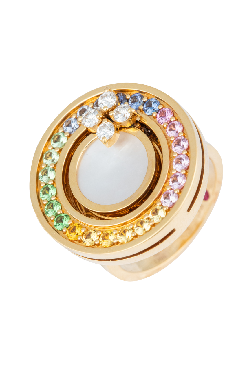 18K Rose Gold Rainbow Sapphire & Diamond Ring