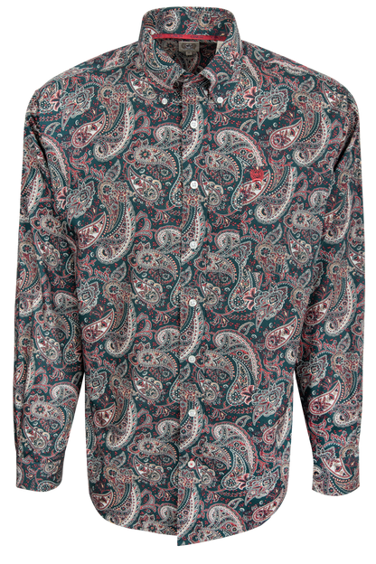 Cinch Paisley Print Button-Down Shirt - Teal