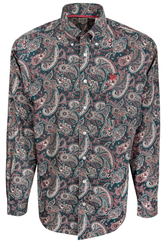 Cinch Paisley Print Button-Down Shirt - Teal