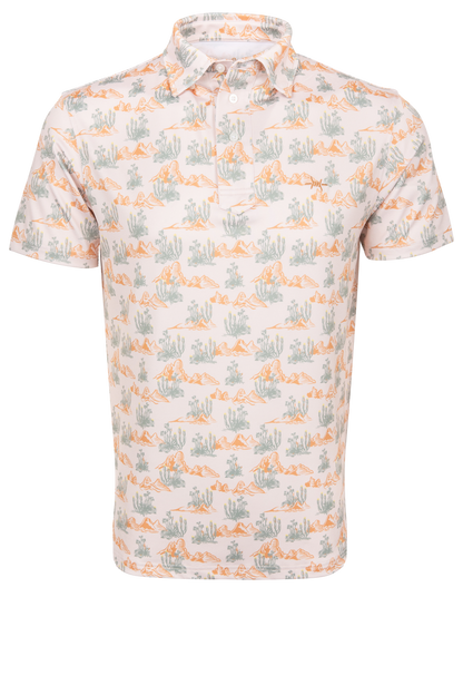 Short sleeve polo with cactus and Texas brush pattern