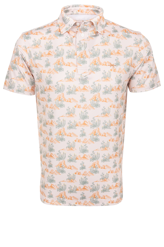 Short sleeve polo with cactus and Texas brush pattern