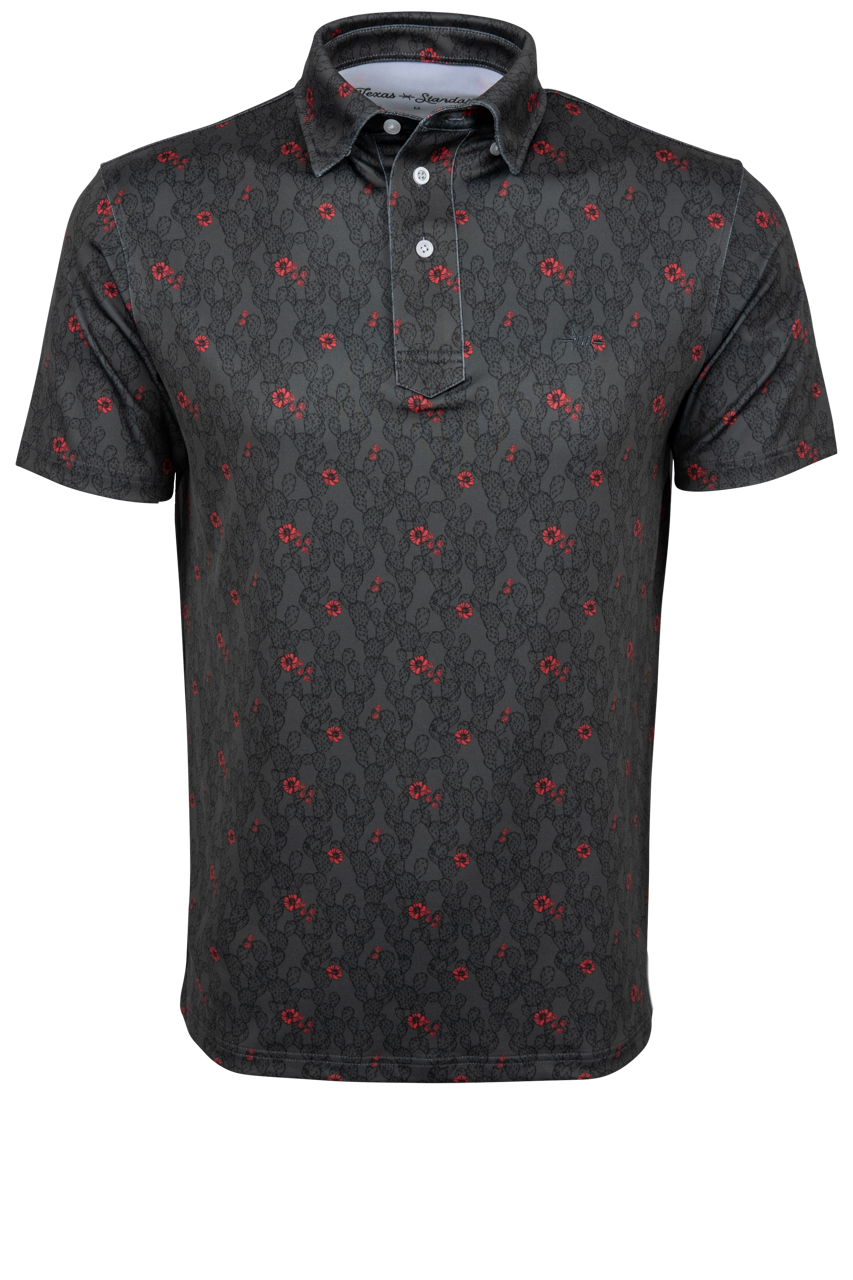 Dark gray polo shirt with red floral pattern