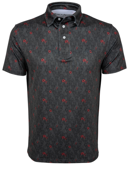 Dark gray polo shirt with red floral pattern
