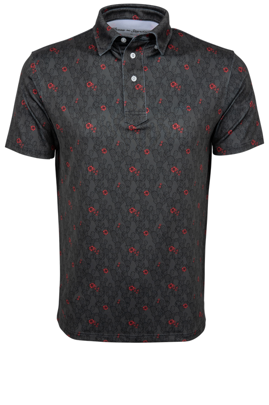 Dark gray polo shirt with red floral pattern