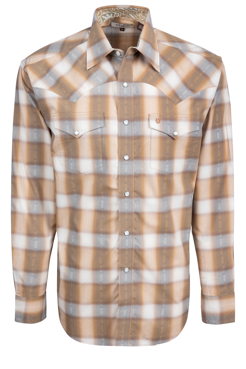 Stetson Men's Plaid Snap Front Shirt - Light Brown