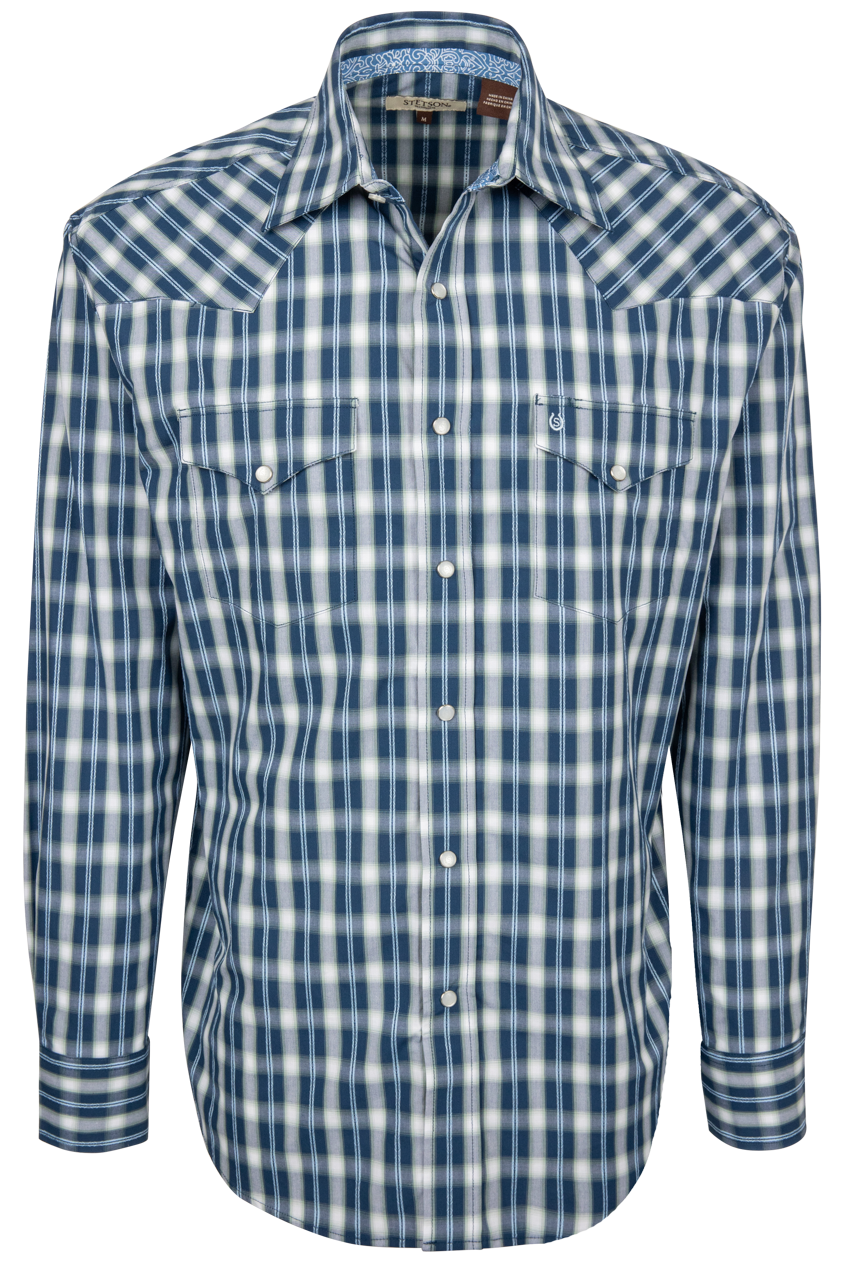 Stetson Men's Plaid Western Snap Shirt - Navy