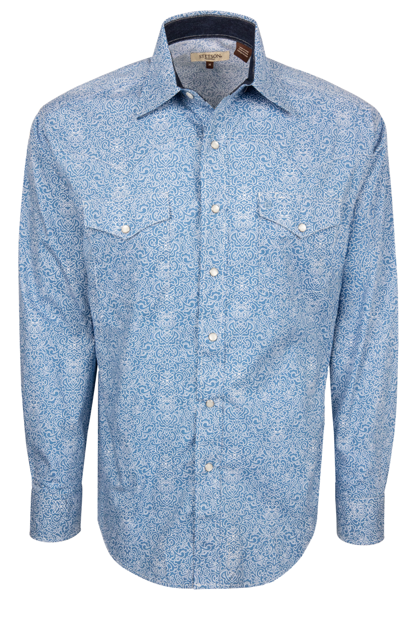 Stetson Men's Blue Scroll Print Snap Shirt