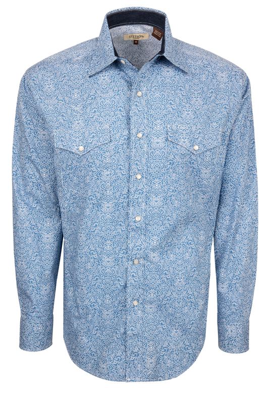 Stetson Men's Blue Scroll Print Snap Shirt